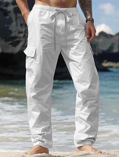  Homens Calças Cargo Calças de linho Calças Calça verão Cintura elástica Com Cordão Bolso multi Tecido Conforto Respirável Comprimento total Casual Diário Feriado Férias Moda Preto Branco Sem