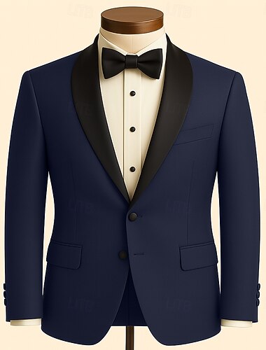  Муж. Пиджак Шалевый Мода Ретро Классика Однотонный Blazer Темно синий Приталенный крой Однобортный с 1 пуговицей