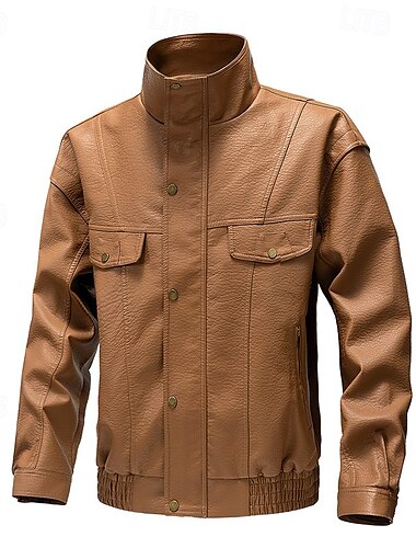  Men's Faux Leather Jacket Biker Jacket Motorcycle Jacket Vacation Daily Windproof Warm Pocket Fall Winter Plain Fashion Classic Stand Collar Regular Black Yellow Gray Jacket