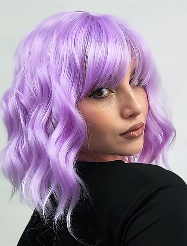  Lila peruk med lugg kort ljuslila peruker för kvinnor lavendel lila bob vågig peruk syntetisk cosplay peruker för fest halloween fest