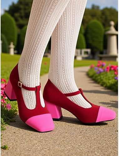  Scarpe da donna con tacco a blocco, cinturino a T rosso e rosa, in stile francese, modello Mary Jane - comode scarpe da passeggio retrò per il tè pomeridiano, le feste, l'ufficio e gli outfit