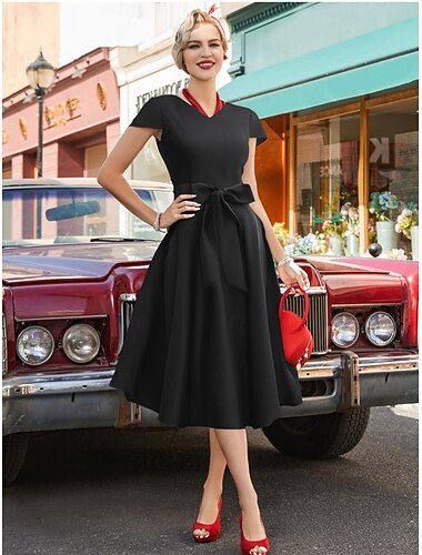  Retro 50. léta Rockabilly Ke kolenům Šaty Koktejlky Houpací šaty Košíček Pevná barva A-Linie Rozevláté Maškarní kostým Dámské Vánoce Valentýna Párty Maturita Retro tematická párty Dospělé Šaty Jaro