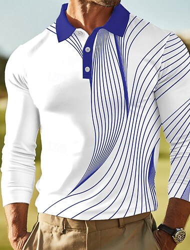  Herr Abstrakt Linje Polo Långärmad Polotröjor Kavajslag Business Casual Utomhus Fritids- Dagliga kläder 3D-utskrift Knappar Vår Höst Vinter Svart Rubinrött Blå
