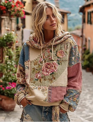  Women's 3D Print Hoodie Pullover Sweatshirt Oversized Long Sleeve Casual Graphic Floral Warm Active Hooded Regular Tops Street Dailywear Patchwork Black White Yellow Dark Pink Spring Fall Winter