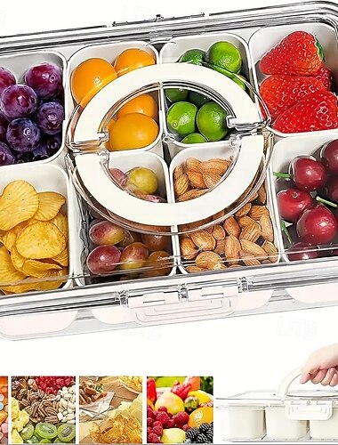  Matoppbevaringsbrett med lokk og håndtak, snacksboks med flere rom for godteri, frukt, nøtter, bærbar rektangulær design, matkvalitetsmateriale, perfekt for fester, bryllup og bruk hele året