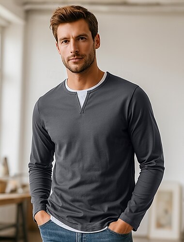  Herren T Shirt Langarm Rundhalsausschnitt Ganzjahres Einfarbig Strickware Täglich Lässig Falscher Zweiteiler Outdoor Urlaub Heim Schwarz Braun Grün Top T-Shirt für Herren