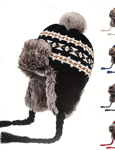  Gorro de invierno de felpa de punto elástico con orejeras desmontables &Pompón - Patrón de cuadrícula, Cordón ajustable para deportes al aire libre, Vacaciones navideñas - Negro/blanco/azul/rojo,