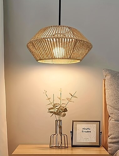  Lámpara colgante de cuerda trenzada vintage de estilo rústico, diseño artístico hueco, 10 cm de altura, luz blanca cálida/blanca, E26/E27, cadena ajustable.