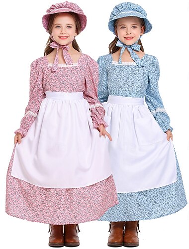  19世紀 1800年代 オールドウェスト プレーリードレス ボンネットとエプロンセット 開拓 フラワー 女の子 ハロウィーン カーニバル 世界本の日 学校行事のドレスアップ 歴史再現 ドレス エプロン ハット