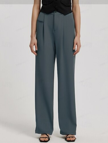  Mujer pantalones de traje Perneras anchas Pantalones Moda Ropa de calle Longitud total Alta cintura Plano Transpirabilidad Cómodo Negocio Ropa Cotidiana Color Camello Negro Verde Gris Primavera Otoño