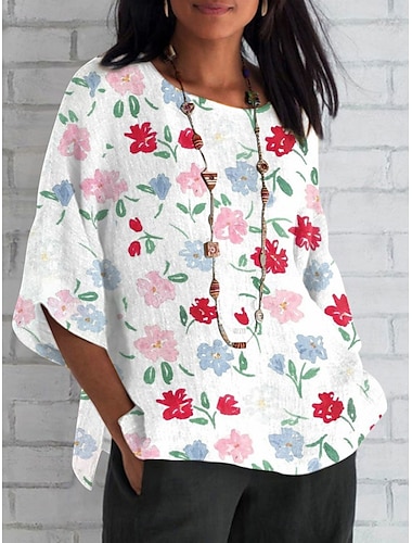  Dames Overhemd Bloemig Dagelijks Casual 3/4 mouw Strakke ronde hals Normale tops Dagelijks Feestdagen Afdrukken Wit blauw Groen Zomer Lente Herfst