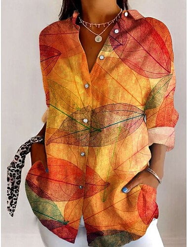  בגדי ריקוד נשים חולצה גראפי עלים אלגנטית וינטאג' טרופי שרוול ארוך צווארון חולצה חולצות רגילות עבודה יומי כפתורים דפוס ורוד מסמיק כתום תלתן קיץ אביב סתיו