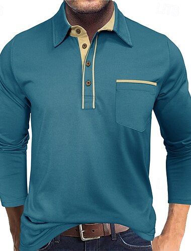  Homme Chemise de golf Polos de Golf Travail Occasionnel Revers manche longue Basique Moderne Bloc de Couleur Avec Poches Boutons Printemps Automne Coupe régulière Abricot Noir bleu marine Bleu Vert