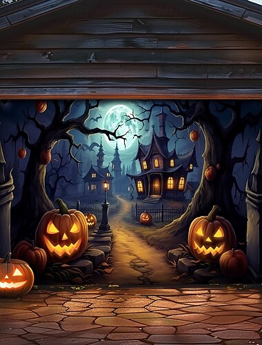  Κάλυμμα Εξωτερικής Γκαραζόπορτας Halloween Κολοκύθα Σκιάχτρο Κρανία Πανό Μεγάλη Ταπισερί Φόντο Διακόσμηση για Γιορτές Εξωτερικής Γκαραζόπορτας Διακοσμήσεις Τοίχου Σπιτιού