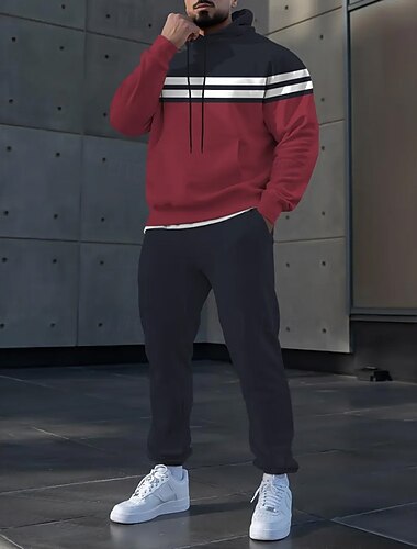  Herr Randig 2st 3D-tröja set Träningsoverall Hoodie-tröja Långärmad Långa byxor Huva Sportig Ledigt vardag Fritids- 3D-utskrift Färgblock Vår Höst Vinter Rubinrött Marinblå