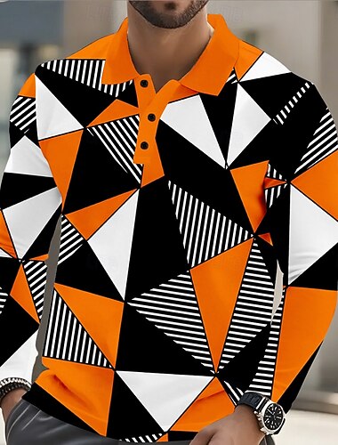  Voor heren Abstract Meetkundig Polo Lange mouw Poloshirt Revers Casual Sportkleding Alledaagse kleding 3D-afdrukken Knop Lente Herfst Winter Rood blauw Oranje