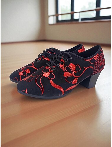  Women's Black and Red Floral Lace-Up Dance Shoes - Chunky Heel Professional Ballroom Practice Shoes for Female Dancers and Latin Training