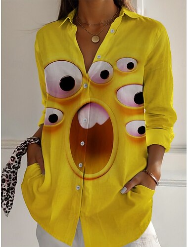  Per donna Camicia Grafico Attivo Quotidiano Elegante Manica Lunga Colletto a Camicia Top Regolari Quotidiano Ferie Bottoni Stampato Giallo Primavera Autunno