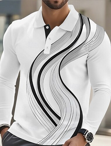  Herr Geometrisk Linje Polo Långärmad Polotröjor Skjortor med krage Business Casual Fritids- 3D-utskrift Vår Höst Sjöblå Svart Blå