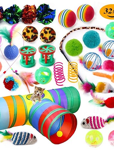  32 pezzi di topi giocattolo con piume e palline &Tunnel giocattolo per animali, giocattolo squittio con durevole esercizio per animali domestici, rilascio della pressione, corda per dentizione,