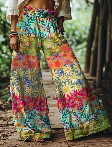  Women's Wide Leg Pants Trousers Palazzo Pants Fashion Boho Full Length High Waist Flower Elastic Waist Print Breathability Comfortable Street Daily Wear Going out Blue Orange Green Spring Fall