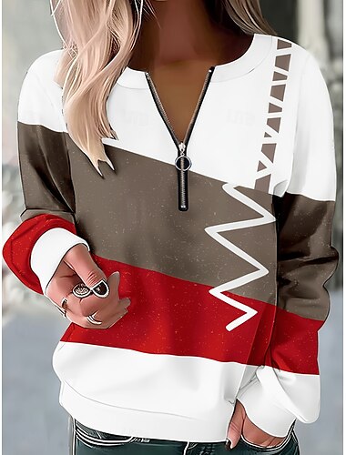  Damskie Bluza z kapturem Bluzy z zamkiem błyskawicznym Graficzny Geometryczny Abstrakcja Moda Codzienny Długi rękaw Półgolf Zwykłe topy Ulica Na co dzień Zamek Nadruk Czerwony Jesień Zima