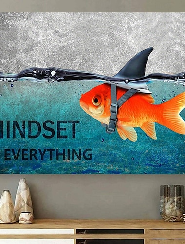  Póster inspirador de tiburón pez dorado para pared, lienzo sin marco, impresión para oficina, dormitorio, baño, decoración, la mentalidad motivacional lo es todo, obra de arte para el hogar, la