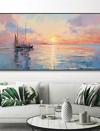  pictură în ulei lucrată manual pe pânză, artă de perete, decorațiune modernă abstractă, răsărit de soare, barcă cu pânze, peisaj marin, pentru sufragerie, decor de casă, cadru întins, pictură