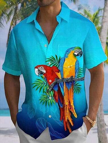  Homens Animal Papagaio Cor gradiente Camisa havaiana camisa de botão Camiseta Aloha Manga Curta Havaiana Feriado Roupa de Praia Verão Primavera Aberto para a Lateral Impressão 3D camisas de colarinho