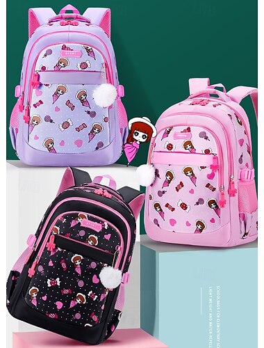  キッズ 男の子 女の子 バックパック スクールバッグ 機能的なバックパック スクールバックパックブックバッグ 学校 日常 ナイロン 調整可能 大容量 防水 ジッパー プリント ブラック ピンク パープル