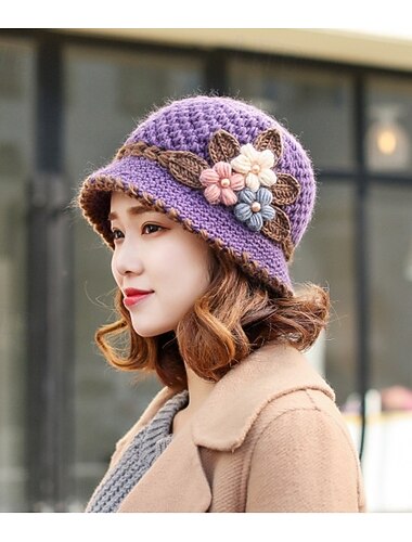  Sombrero de pescador de ganchillo con flores vintage, grueso, resistente al frío, cálido, para uso diario en otoño & invierno