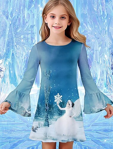  Mädchen' 3D Cartoon Schneeflocke Kleid Rüschenkleid Langarm Sommer Frühling Urlaub Täglich Ferien Schön Süß Kinder 4-12 Jahre Freizeitkleid Knielang Normale Passform