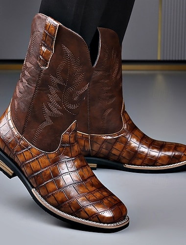 Men's Brown Faux Leather Crocodile Print Western Boots – Exotic Cowboy Style Footwear for Casual and Country Events   Men's Brown Faux Leather Crocodile Print Western Boots – Exotic Cowboy Style Footwear for Casual and Country Events