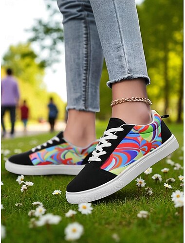  Baskets en toile colorées pour femmes – chaussures à lacets décontractées et légères avec un imprimé artistique vibrant, parfaites pour la marche, les voyages et le style urbain au quotidien