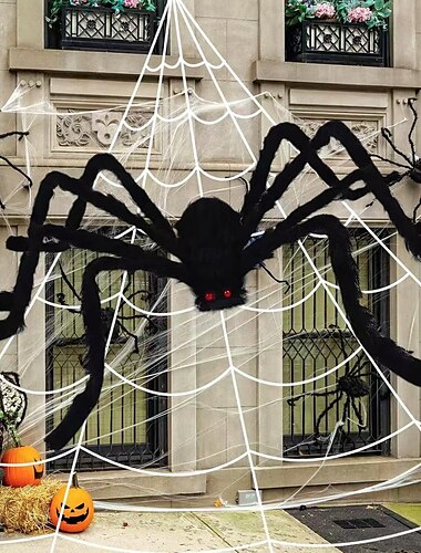  5,5 meter stort spindelvev + 1,5 meter hårete edderkopp &Strekk spindelvev halloween-dekorasjoner skummel falsk edderkopp med trekantet stort spindelvev store rekvisitter for utendørs innendørs