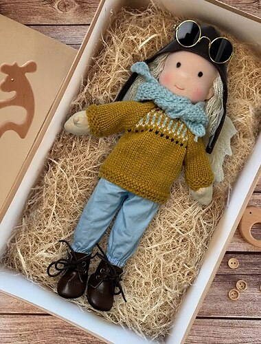 Kézzel készített Waldorf baba kislánynak ruhakészlettel - 11,8 hüvelykes puha plüss baba kisgyermekeknek, ideális karácsonyi ajándék gyerekeknek