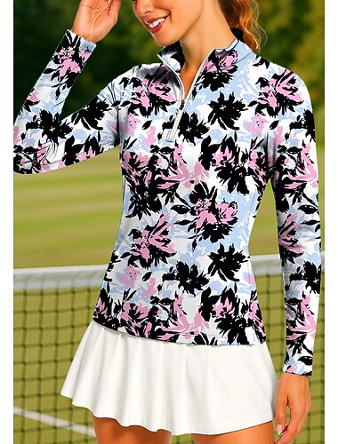  Damen Grafik Blumenmuster Golf-Poloshirt Tennis Shirt Tennis-T-Shirt Langarm Druck Viertel Postleitzahl Pullover UV Schutz Elastisch Atmungsaktiv Tennis Golfspiel Pickleball Hoher Ausschnitt