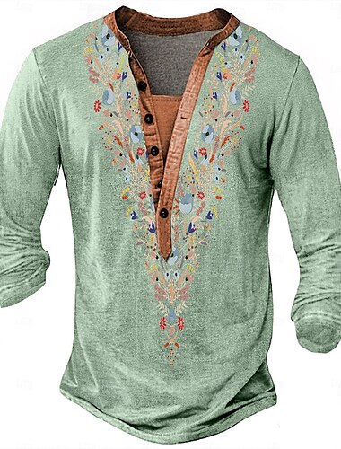  Herren Druck Ethnisch T Shirt Henley Hemd Langarm Designer Retro Vintage Ethnisch Straße Lässig Täglich Sommer Frühling Herbst Blau Grün Khaki Grau Henley Henley T-Shirt