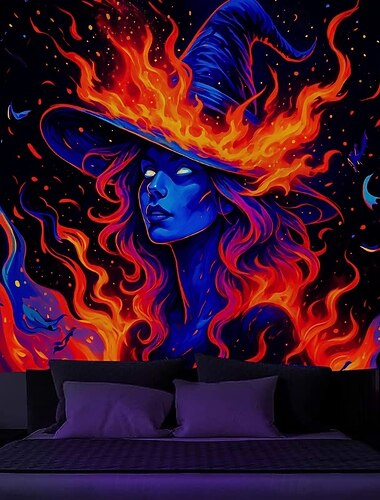  Halloween Svartljus Tapestry Flamma Joker UV-reaktiv Glöda i mörkret Skog Psykedelisk Berg Disiga Kyrkogården Spöke Hängande Tapestry Vägkonst Mural för Vardagsrum Sovrum