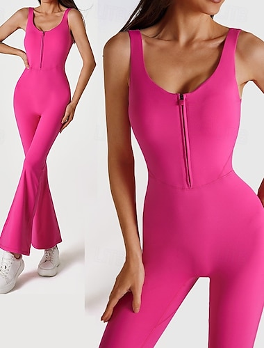  Dame Scrunch Yoga-jumpsuit Treningsjumpsuits Glidelås Helfarge Kroppsdrakt Rosenrød Treningsstudio Dans Treningsklær Høy Midje Stretch Pustende Midjekontroll Ermeløs Sport Sportsklær Tett passform