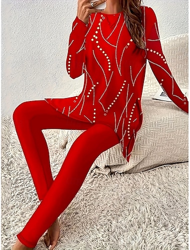  Per donna Elegante Vacanza Moda Maglietta Set di Pantaloni Manica Lunga Girocollo Floreale Grafico Stampato Casual Quotidiano Rosso Blu marino Giadeite Estate Vestibilità regolare