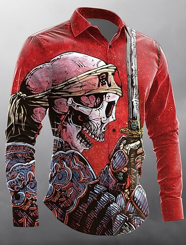  Pánské Lebky Bojovník Halloweenské kostýmy Košile Košile na knoflíky Designová košile Dlouhý rukáv Temný gotický styl Dovolená Streetwear Léto Jaro Přehnutý 3D tisk košile s límečkem Žlutá Fialov