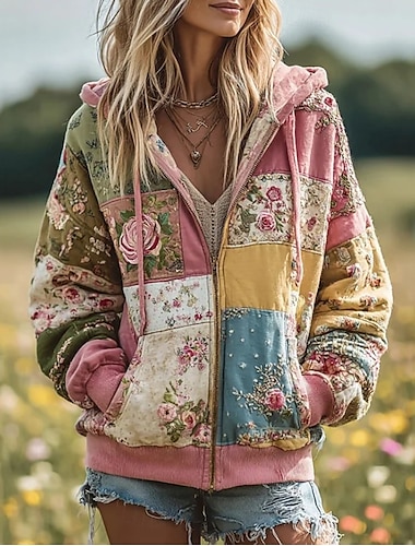  Women's 3D Print Hooded Sweatshirt Jacket Long Sleeve Zip Up Hoodie With Pocket Lightweight Casual Micro-elastic Zip Up Hoodies Floral Graphic Street Dailywear Patchwork Pocket Yellow Pink Fall