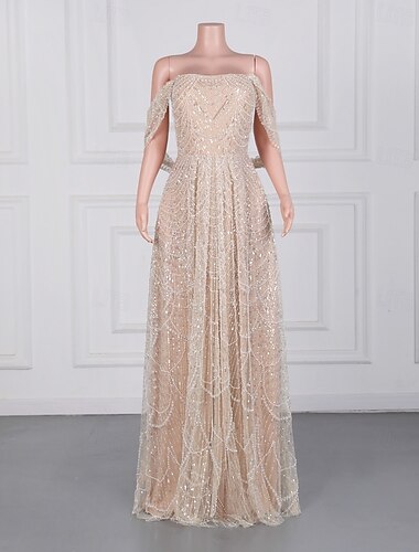  Mermaid / Trumpet Evening Gown Elegant Dress Formal Prom Sweep / Brush Train Sleeveless Off Shoulder Lace with Pearls Sequin