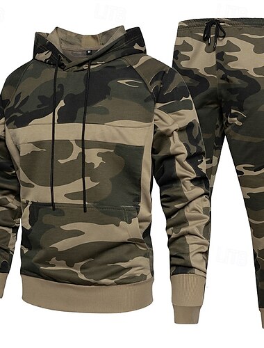  Pánské Kapuce Tepláková souprava Armádní zelená Khaki Kapuce Kamuflážní barva 2 ks Sporty a outdoor Denní Dovolená Polyester Šik ven Základní Na běžné nošení Jaro Podzim Oblečení Mikiny s kapucí