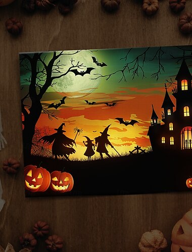  Decorazione murale su tela a LED con silhouette di casa stregata di Halloween - decorazione murale illuminata a batteria per la decorazione domestica di Halloween del 2025, soggiorno e camera da letto