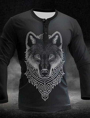  Herren Grafik Wolf Henley Hemd Langarm Mode Vikinger Lässig Lässig Ferien Ausgehen Herbst Frühling & Herbst Schwarz Henley Henley T-Shirt