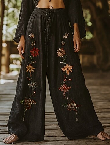  Women's Wide Leg Pants Trousers Palazzo Pants Casual Boho Full Length High Waist Flower Elastic Waist Drawstring Print Breathability Comfortable Street Daily Wear Going out Black Spring Fall Regular
