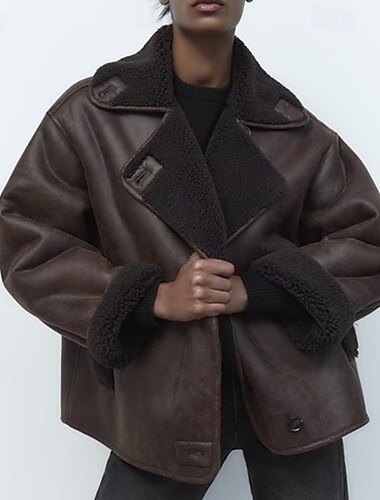  Women's Fleece Jacket Casual Jacket Suede Vest Windproof Warm Pocket Fashion Modern Casual Solid Color Going out Weekend Single Breasted Regular Lapel Regular Fit Long Sleeve Outerwear Brown Beige