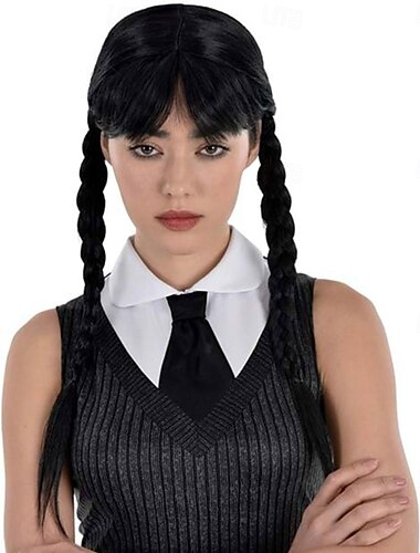  Perucă neagră pentru femei, costum de miercuri, peruci de petrecere pentru cosplay de Halloween